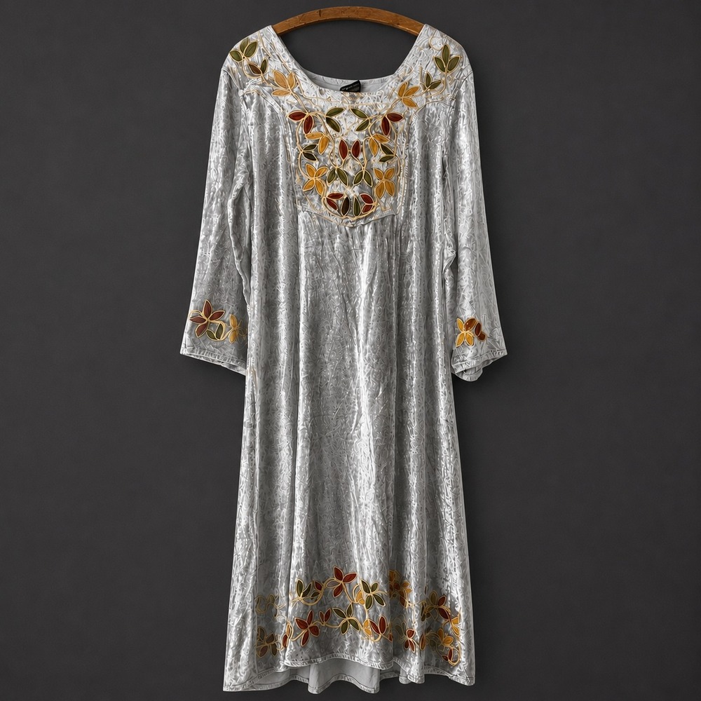 Sacred Threads Dress Size OS Crushed Velvet Silver Embroidered Maxi Whimsigoth